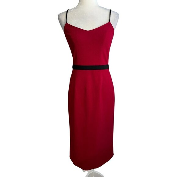 Dress the Population Emma V Neck Red Sleeveless Belted Holiday Midi Dress Size S - Picture 2 of 12